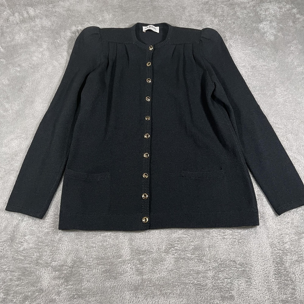 St John Sweater Womens Medium Black Santana Knit Cardigan Gold‎ Button Career